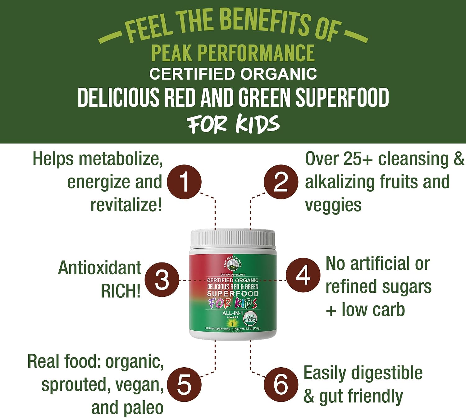 Peak Performance Kids Greens and Reds Superfood Powder - Polvo de Superalimentos Orgánicos con 25+ Frutas y Verduras para Niños