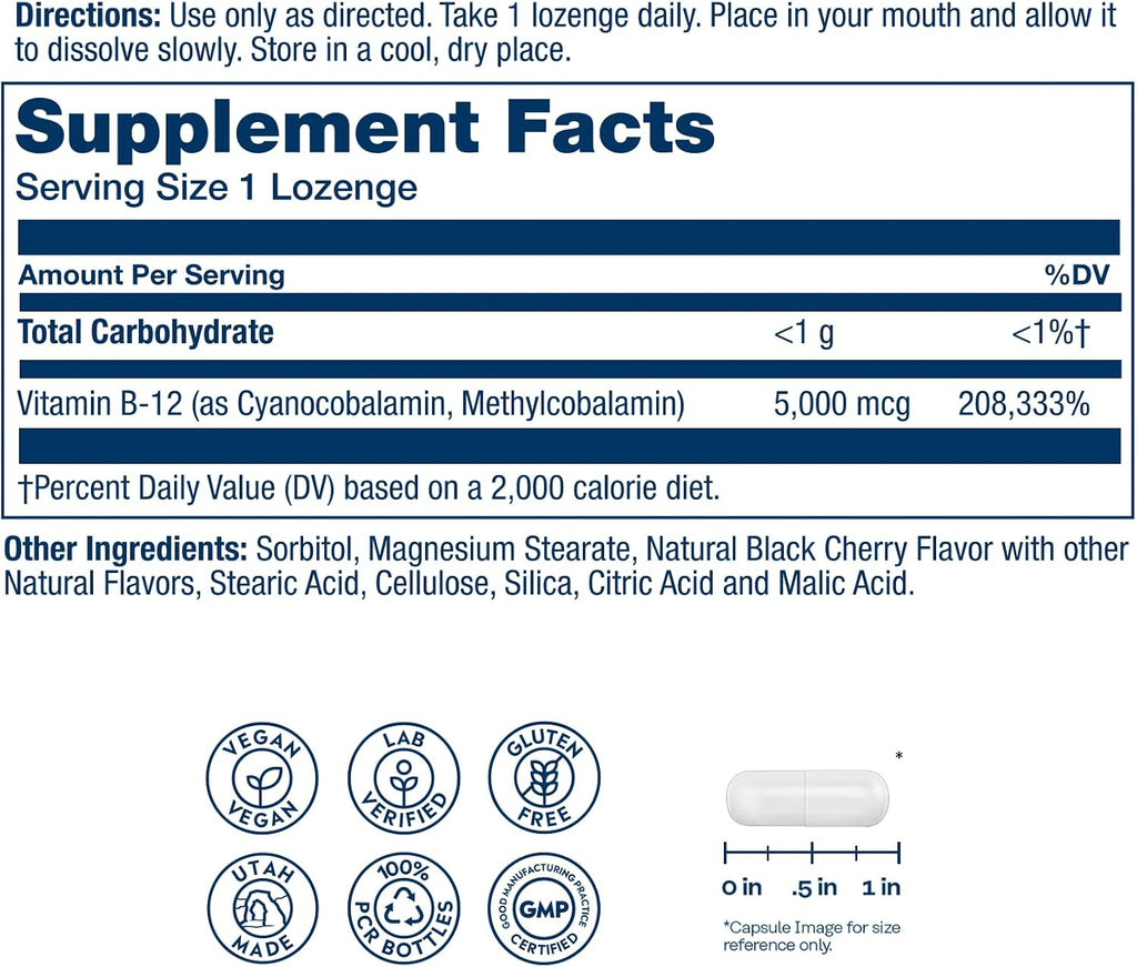 Solaray Vitamin B-12 5000 mcg Chewable Tablets - Methylcobalamin, Natural Cherry Flavor, 30 Tablets