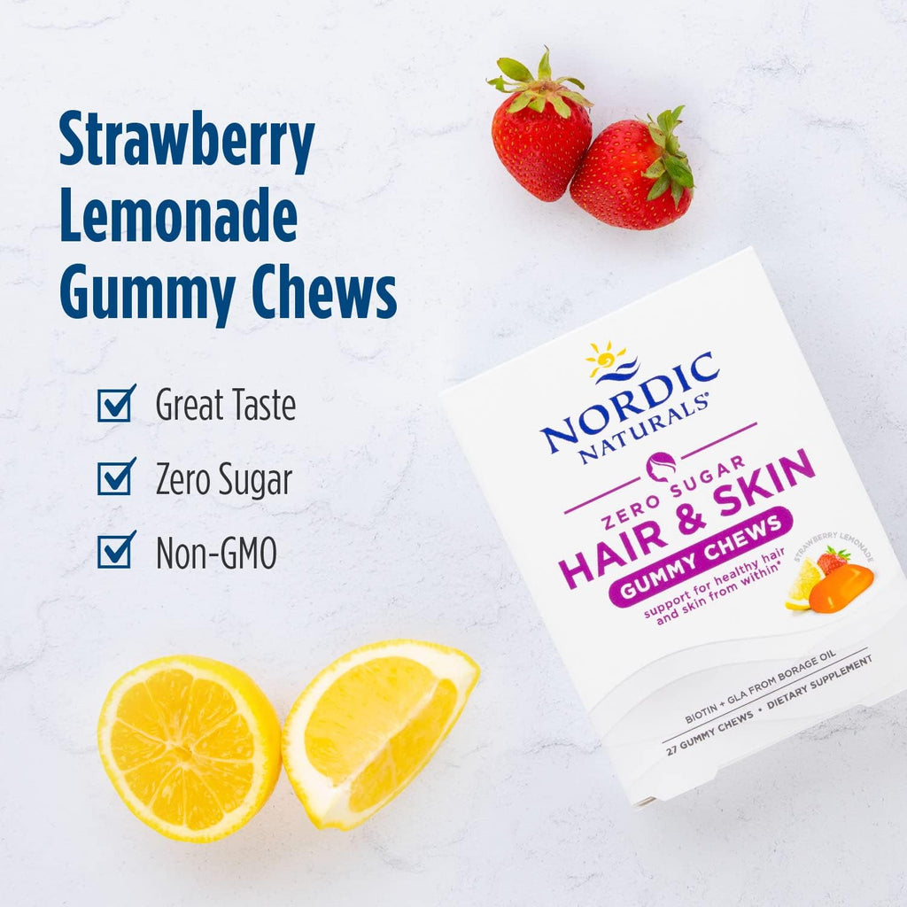 Nordic Naturals Zero Sugar Hair & Skin Gummy Chews, Fresa Limonada - 27 Gominolas - Biotina + GLA de Aceite de Borraja