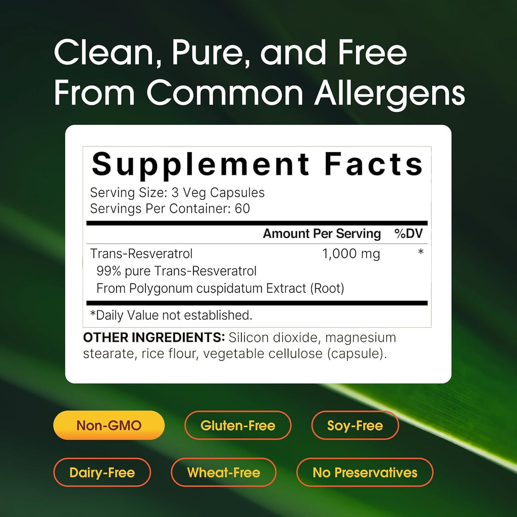 NatureBell Resveratrol - 180 Cápsulas Vegetarianas - 1000mg Extracto de Polygonum Cuspidatum - Apoyo Antioxidante