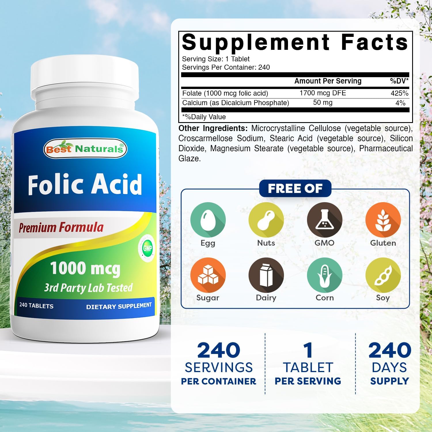 Best Naturals Ácido Fólico 1000 mcg (Vitamina B9) - 240 Comprimidos (Paquete de 3)