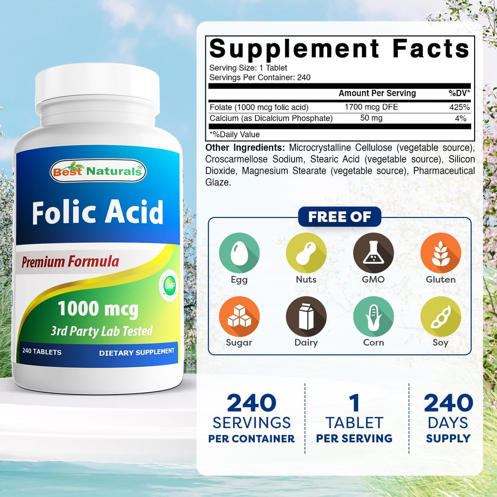 Best Naturals Ácido Fólico 1000 mcg (Vitamina B9), 240 Comprimidos (Pack de 2)