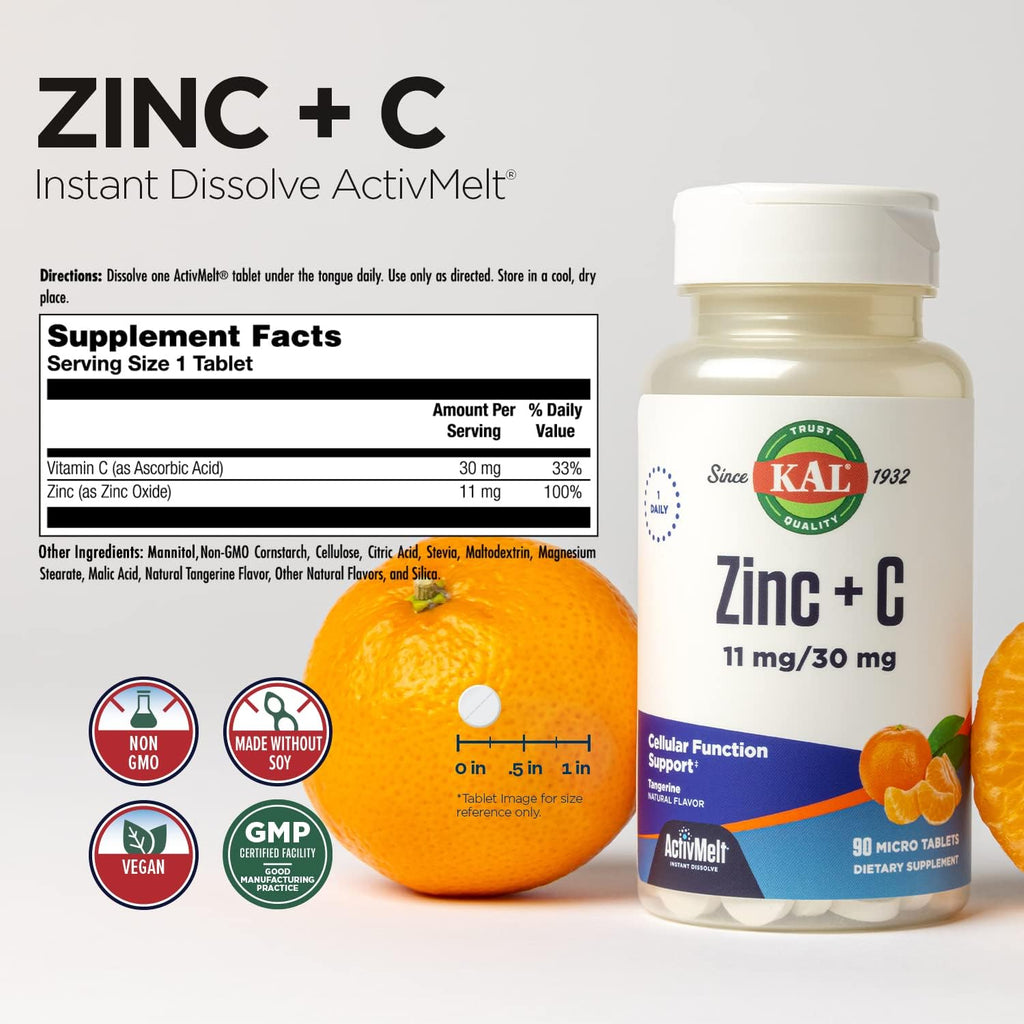 KAL Zinc Plus C – Vitamina C y Zinc de disolución instantánea, 90 comprimidos sabor mandarina
