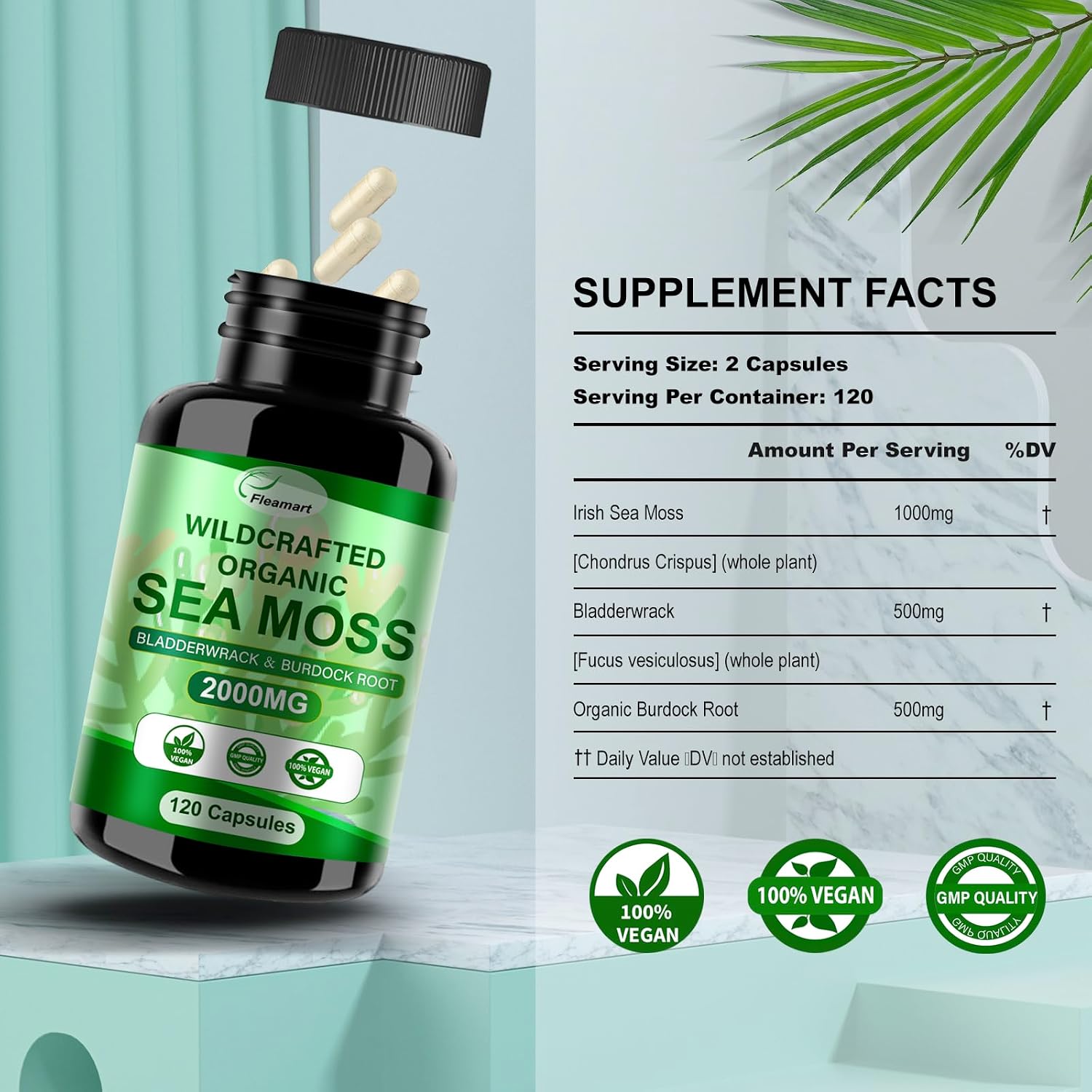 Cápsulas de Irish Sea Moss con Bladderwrack y Burdock Root - 120 Cápsulas (2 Envases) | Fleamart