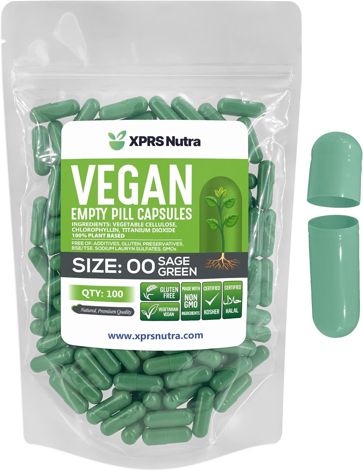 XPRS Nutra Cápsulas Vacías Tamaño 00 – 100 uds. Veganas (Verde Salvia)