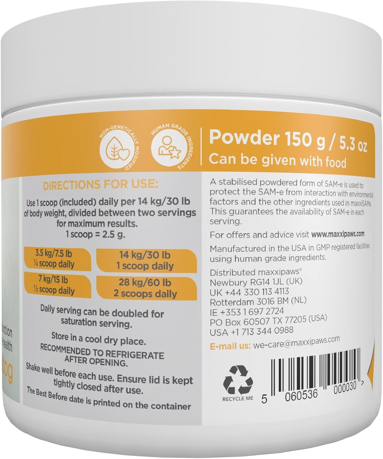 maxxiSAMe Suplemento Avanzado de SAM-e en Polvo para Perros - Apoyo Hepático, Cognitivo y Articular, 150g