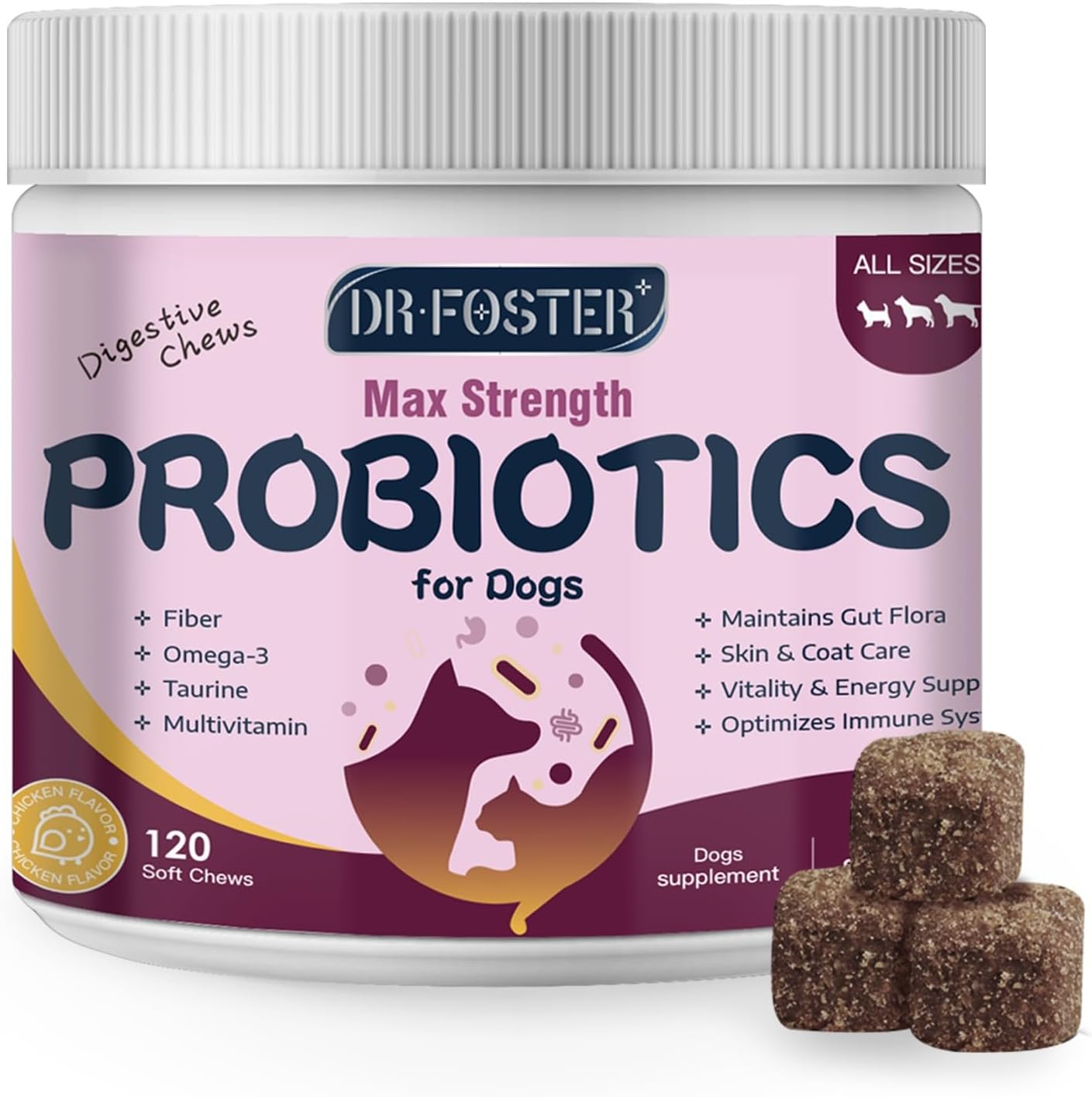 Probióticos para Perros con 6 Mil Millones UFC, Prebióticos y Enzimas Digestivas, Calabaza y Omega-3, 120 Masticables Suaves