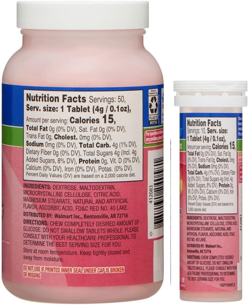 ReliOn Glucosa, 50 tabletas con tubo portátil, 10 tabletas (sabor a frutas)