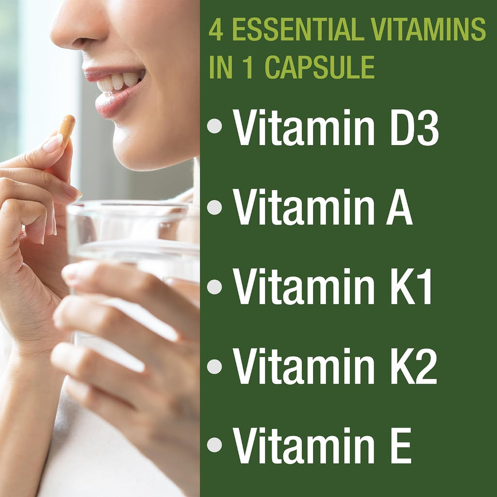 Peak Performance Vitaminas A, D3, E, K – 5.000 UI D3 – Cápsula Vegana – Apoyo para Huesos, Inmunidad y Visión
