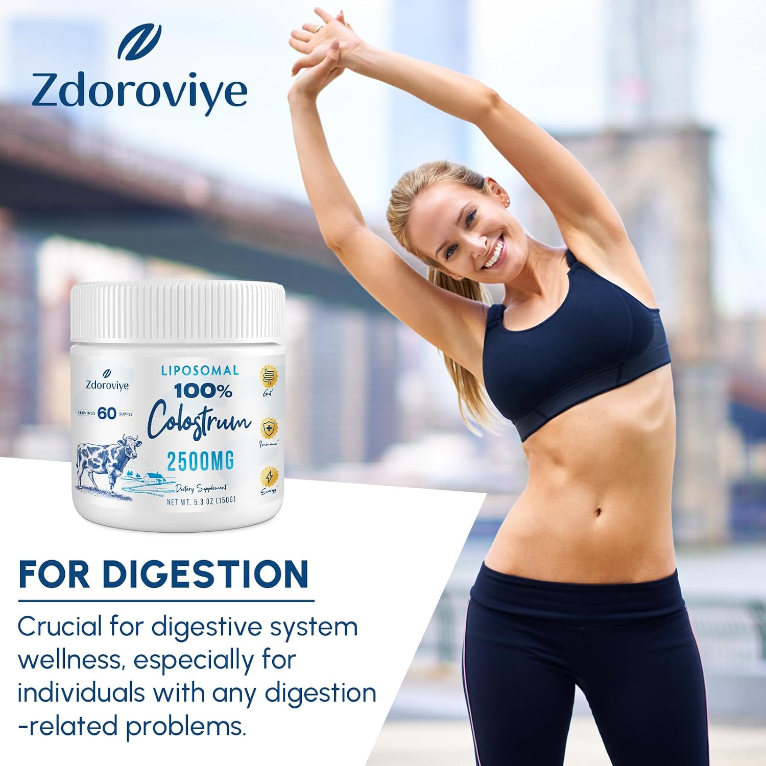 Zdoroviye Liposomal Bovine Colostrum Powder Supplement 2500 mg, 60 Servings