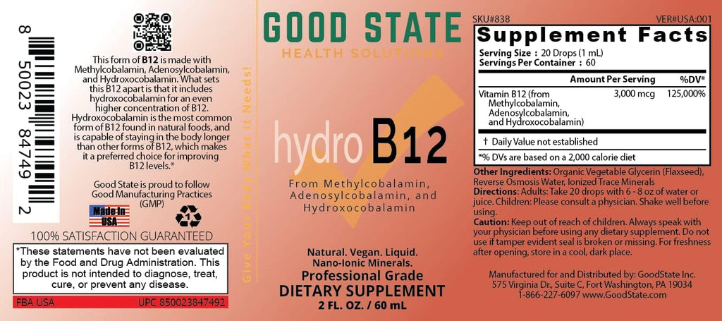 Good State Liquid Hydro B12 - 3000 mcg de Vitamina B12 Líquida, 60 dosis, Vegano