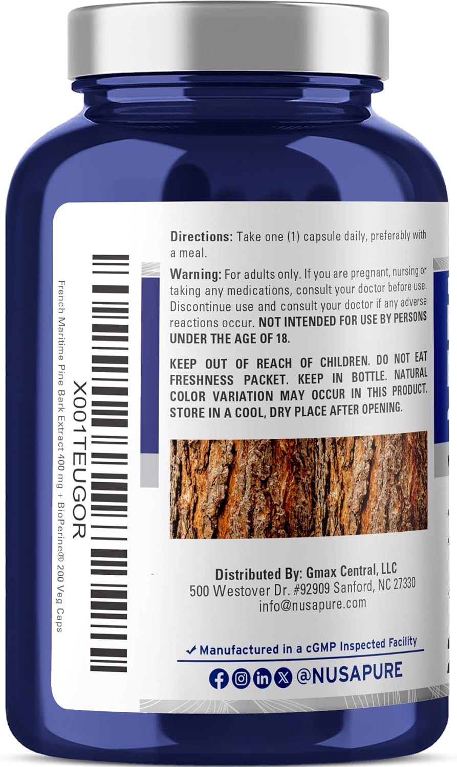 NusaPure Extracto de Corteza de Pino Marítimo Francés 400mg - 200 Cápsulas Veganas