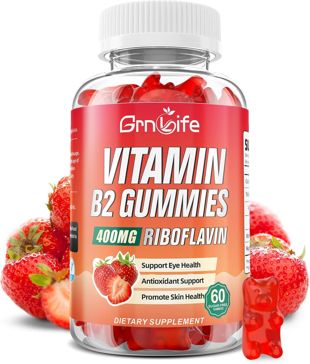 GrnLife Gominolas de Vitamina B2 (Riboflavina) 400mg con Magnesio - 120 Gominolas Sabor Fresa
