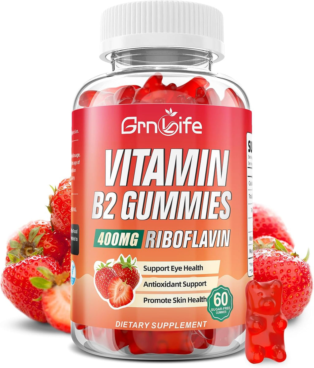 GrnLife Gominolas de Vitamina B2 400 mg con Magnesio, Sabor Fresa, 60 Unidades
