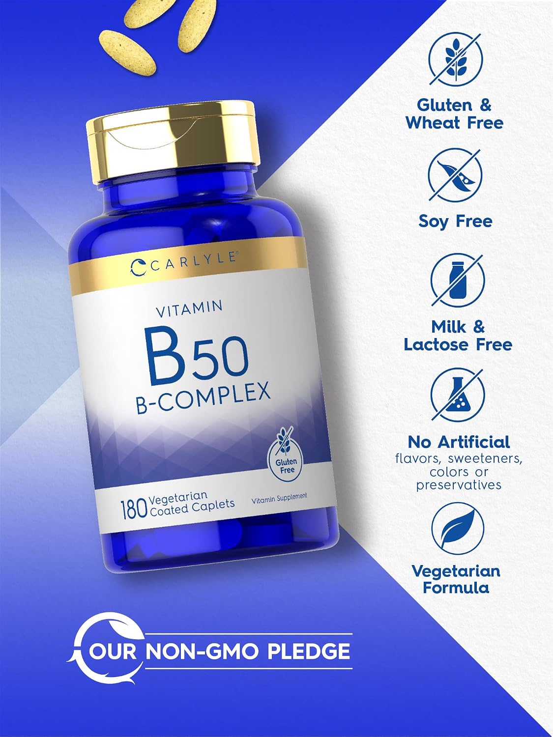 Complejo Vitamínico B50 de Carlyle | 180 Comprimidos | Vegetariano, No-GMO, Sin Gluten