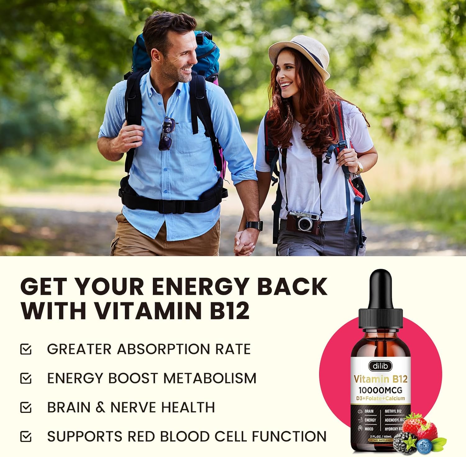 Complex Vitamina B12 10000 mcg | Gotas Sublinguales Veganas con Metilcobalamina, Adenosilcobalamina e Hidroxocobalamina | Sabor a Bayas Mixtas