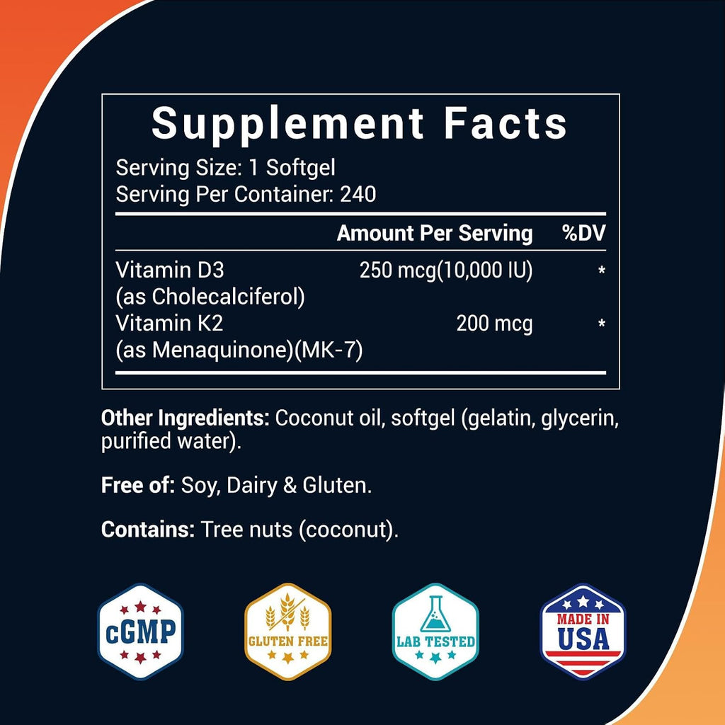 Vitamina D3 K2 10000 UI + K2 (MK-7) 200 mcg, 240 Cápsulas Blandas con Aceite de Coco