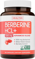 Suplemento de Berberina HCL con Melón Amargo y Hoja de Banaba - 500mg por Cápsula, 120 Cápsulas Vegetarianas - Healths Harmony