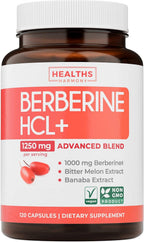 Suplemento de Berberina HCL con Melón Amargo y Hoja de Banaba - 500mg por Cápsula, 120 Cápsulas Vegetarianas - Healths Harmony