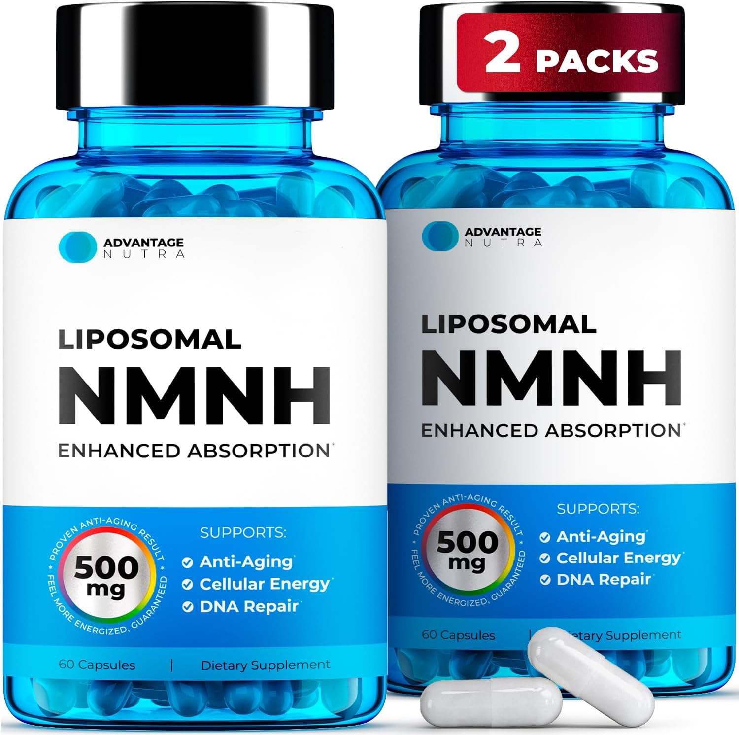 Liposomal NMNH (Dihidronicotinamida Mononucleótido) 500mg - 60 Cápsulas (2 Envases) - Alternativa a NR - Suplemento NAD+ Antienvejecimiento