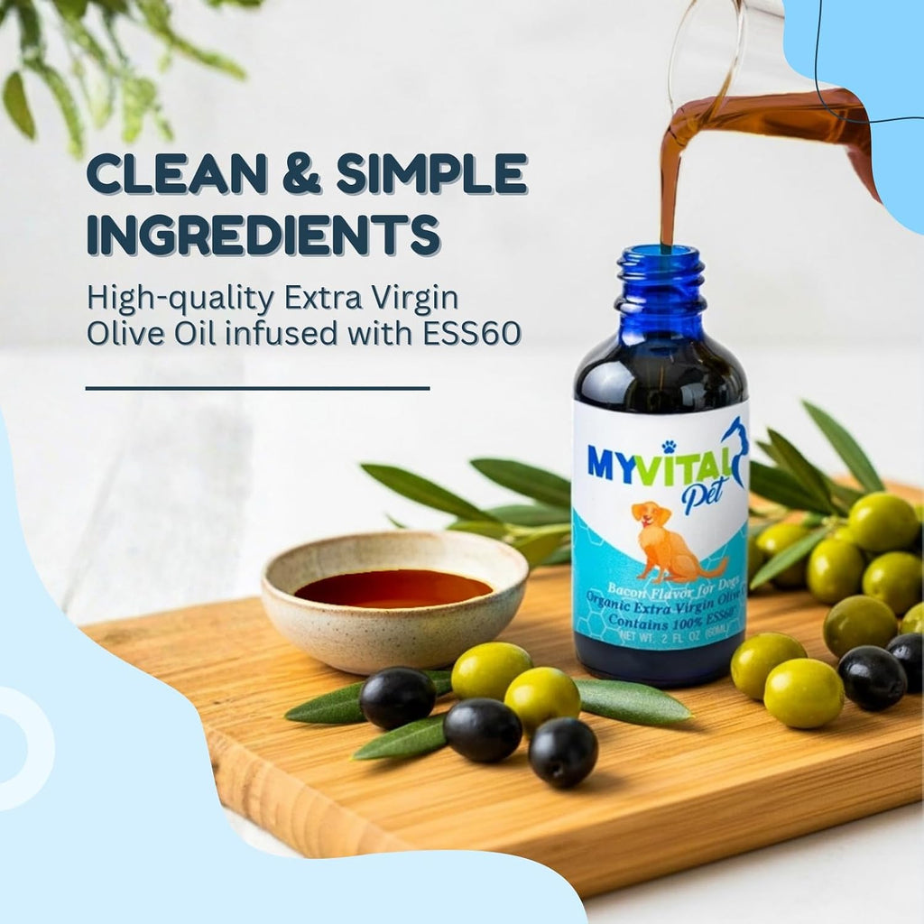 ESS60 Aceite de Oliva Virgen Extra Orgánico con Sabor Bacon para Perros - Complemento Alimenticio para Flexibilidad, Energía e Inmunidad (60 ml)