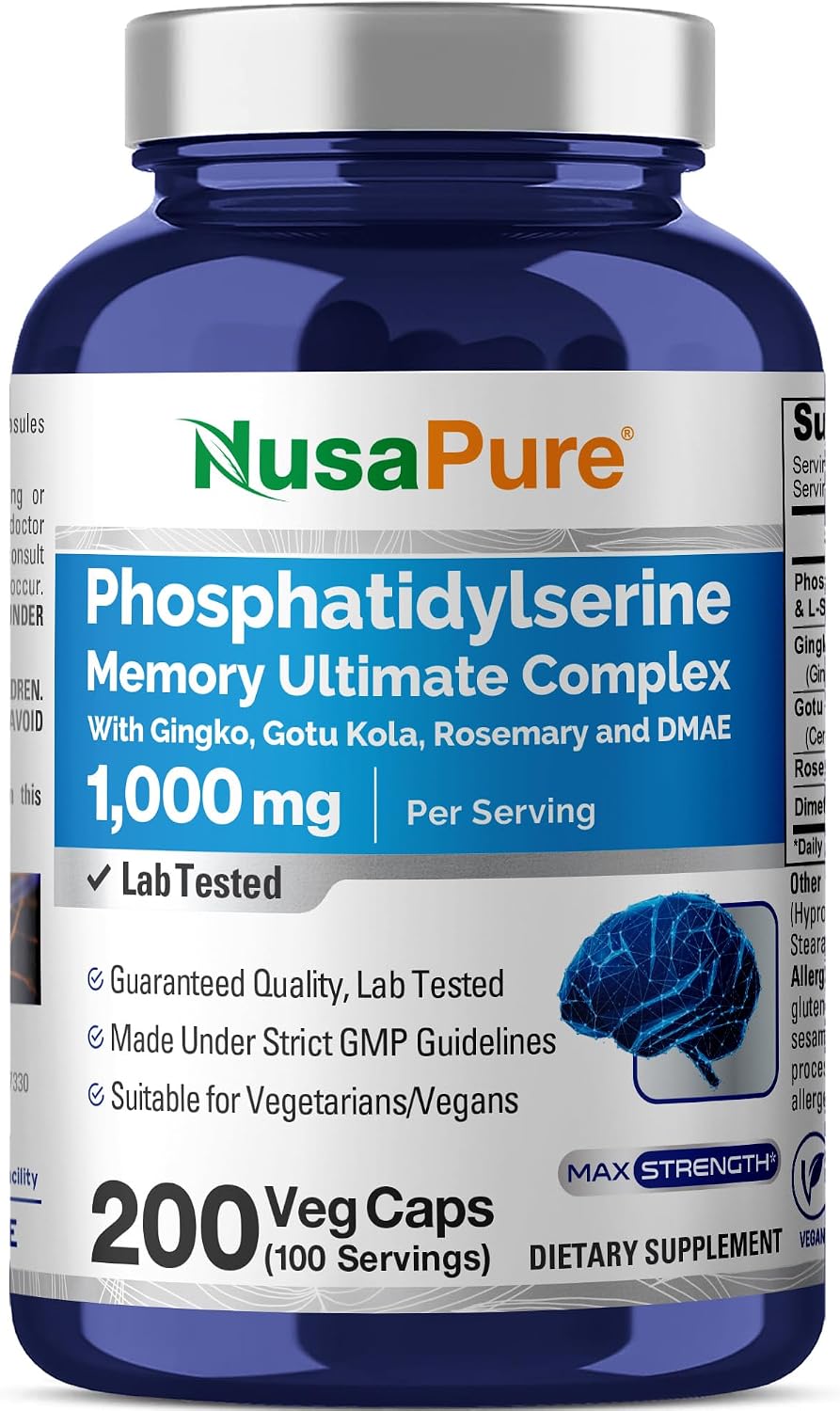 NusaPure Phosphatidylserine Memory Ultimate Complex 1000mg 200 Cápsulas Vegetarianas (Vegano, No Transgénico)