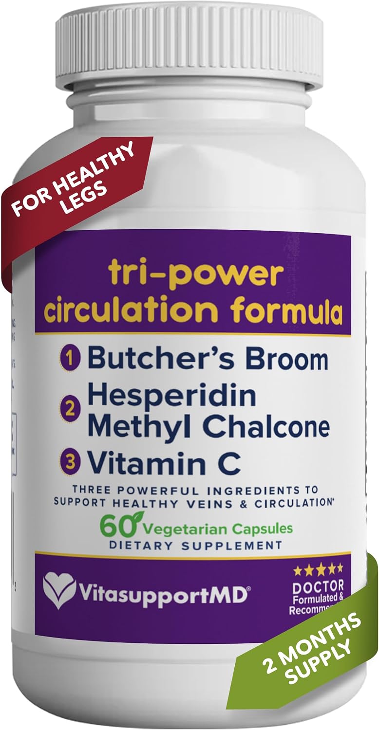 VITASUPPORTMD Fórmula de Circulación Tri-Power - Suplemento para la Circulación con Escoba de Carnicero, Hesperidina Metil Chalcona y Vitamina C, 60 Cápsulas