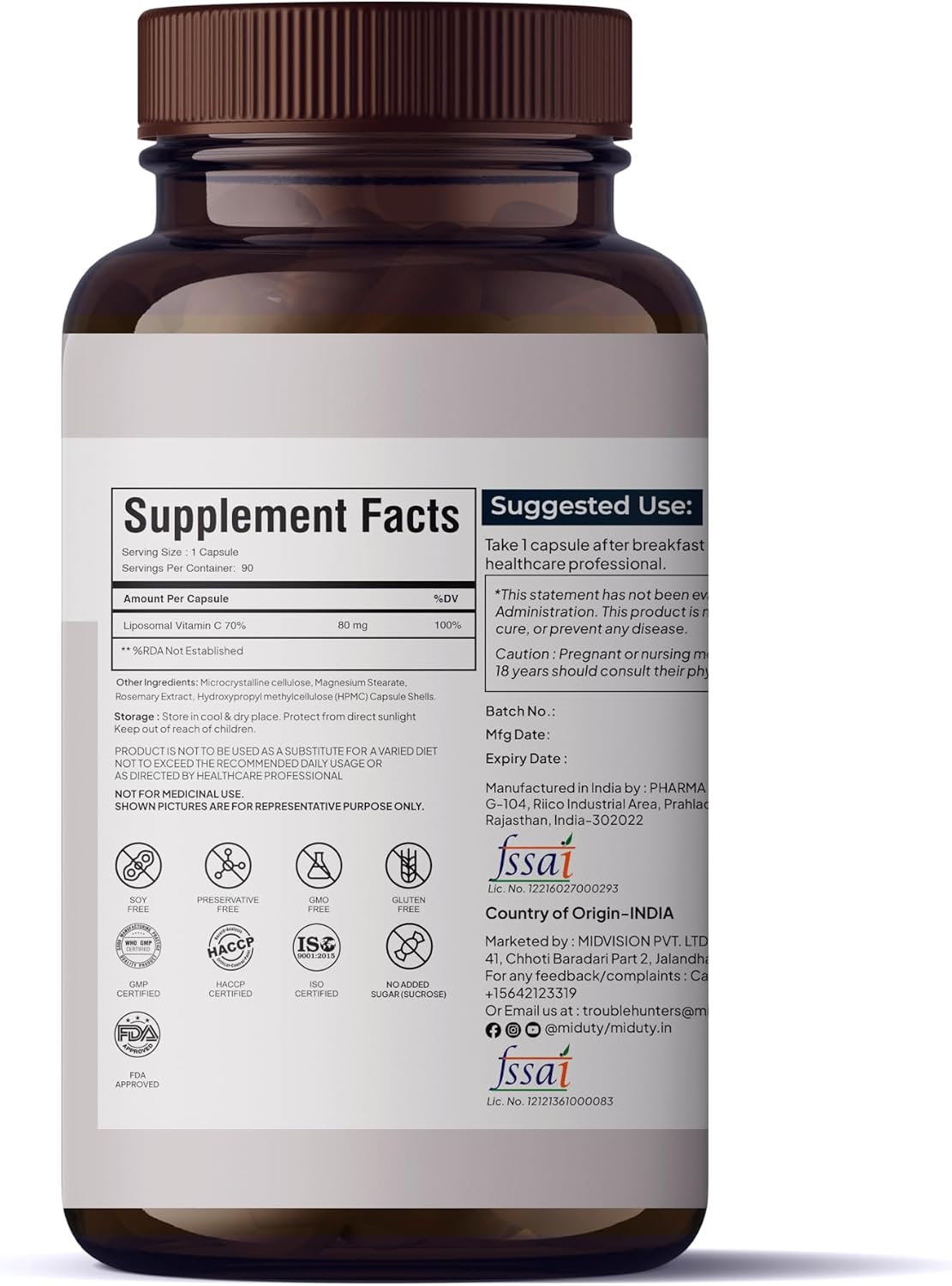 Miduty Vitamina C Liposomal - Sin Gluten - No Transgénico - 90 Cápsulas
