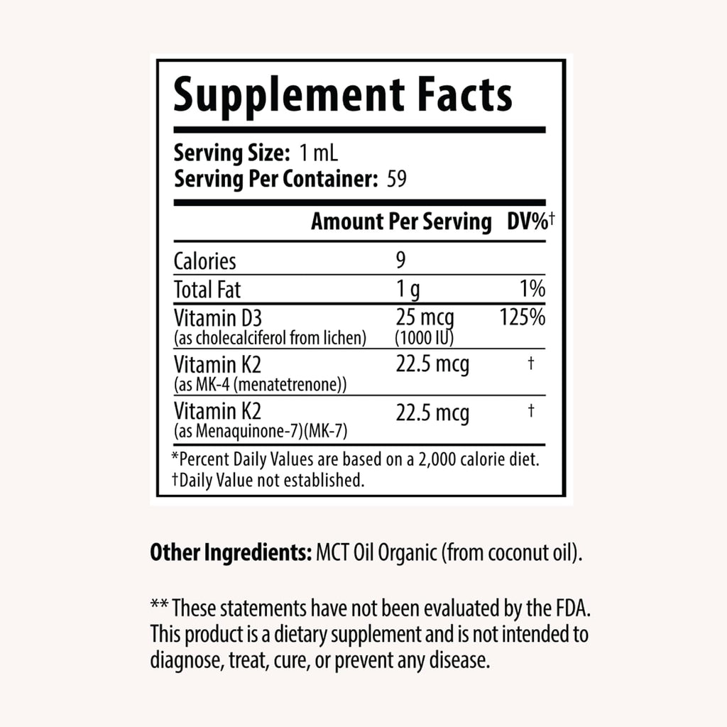 Drop Vitamina D3 + K2 Gotas Líquidas, 1000 UI D3 Vegana de Liquen, 45 mcg K2 (MK-4 y MK-7), con Aceite de Coco MCT Orgánico, 59 Dosis, 60 ml