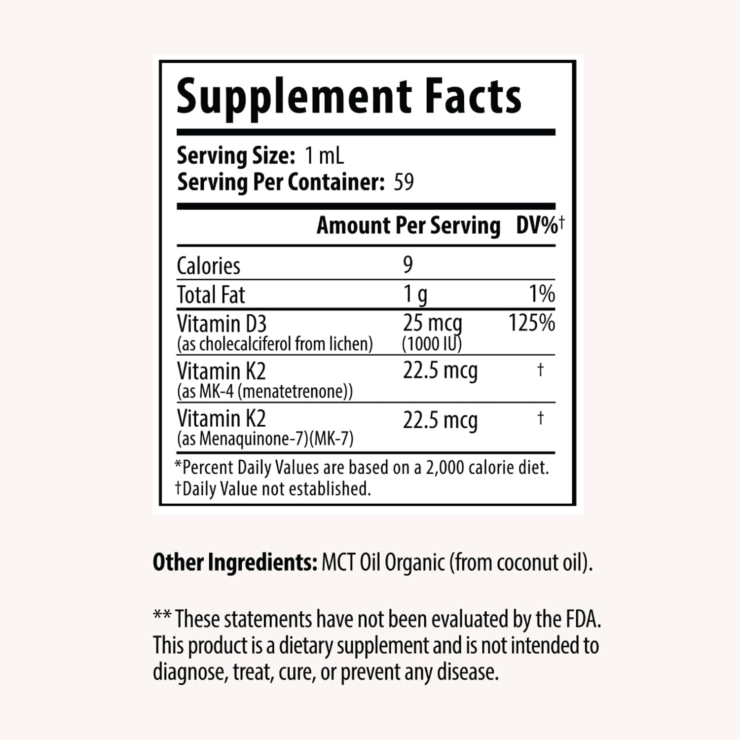 Drop Vitamina D3 + K2 Gotas Líquidas, 1000 UI D3 Vegana de Liquen, 45 mcg K2 (MK-4 y MK-7), con Aceite de Coco MCT Orgánico, 59 Dosis, 60 ml
