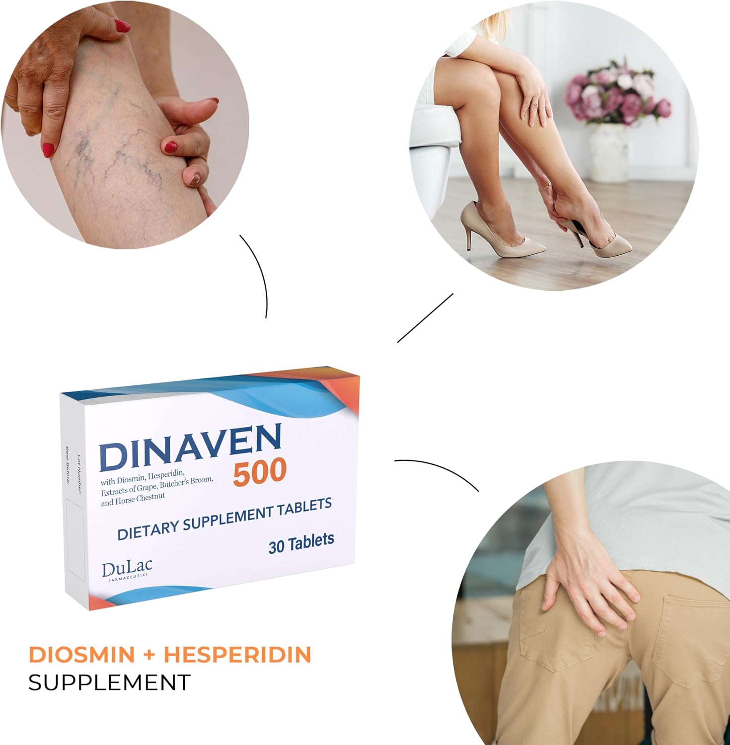 Dulac Dinaven 500 - Suplemento alimenticio con diosmina y hesperidina (1000 mg), extracto de castaño de indias, rusco y uva roja, para el soporte circulatorio de las piernas, 30 comprimidos, fabricado en Italia