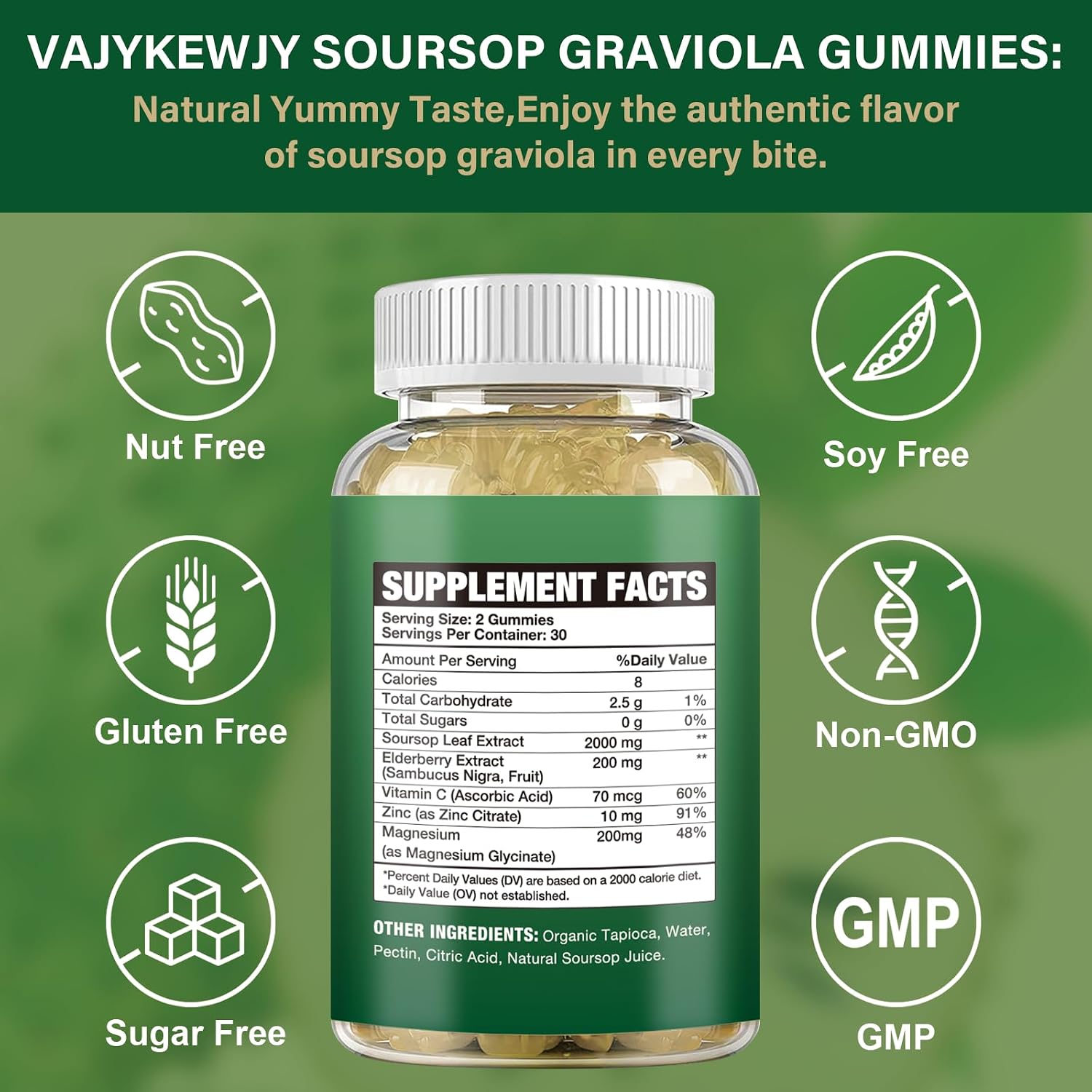 Gominolas de Graviola Soursop - 2000mg Extracto de Hojas, Vitamina C, Zinc - 60 Gominolas Veganas