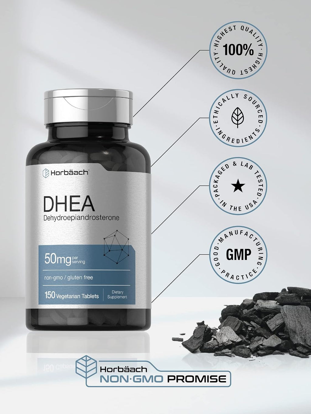 Horbäach DHEA 50mg | 150 Comprimidos | Suplemento No-GMO, Sin Gluten