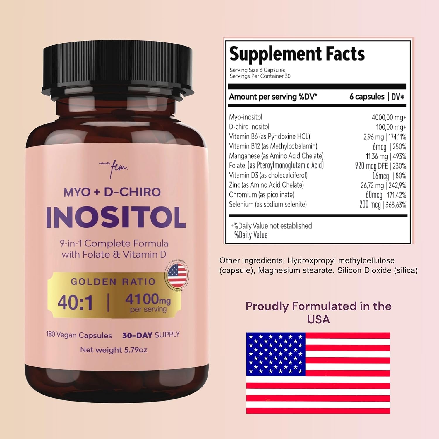 QSTA Myo-Inositol y D-Chiro Inositol 4100mg (Relación 40:1) – Complemento Nutricional para Mujeres con Folato, Vitaminas B6, B12, D3, Zinc y Cromo