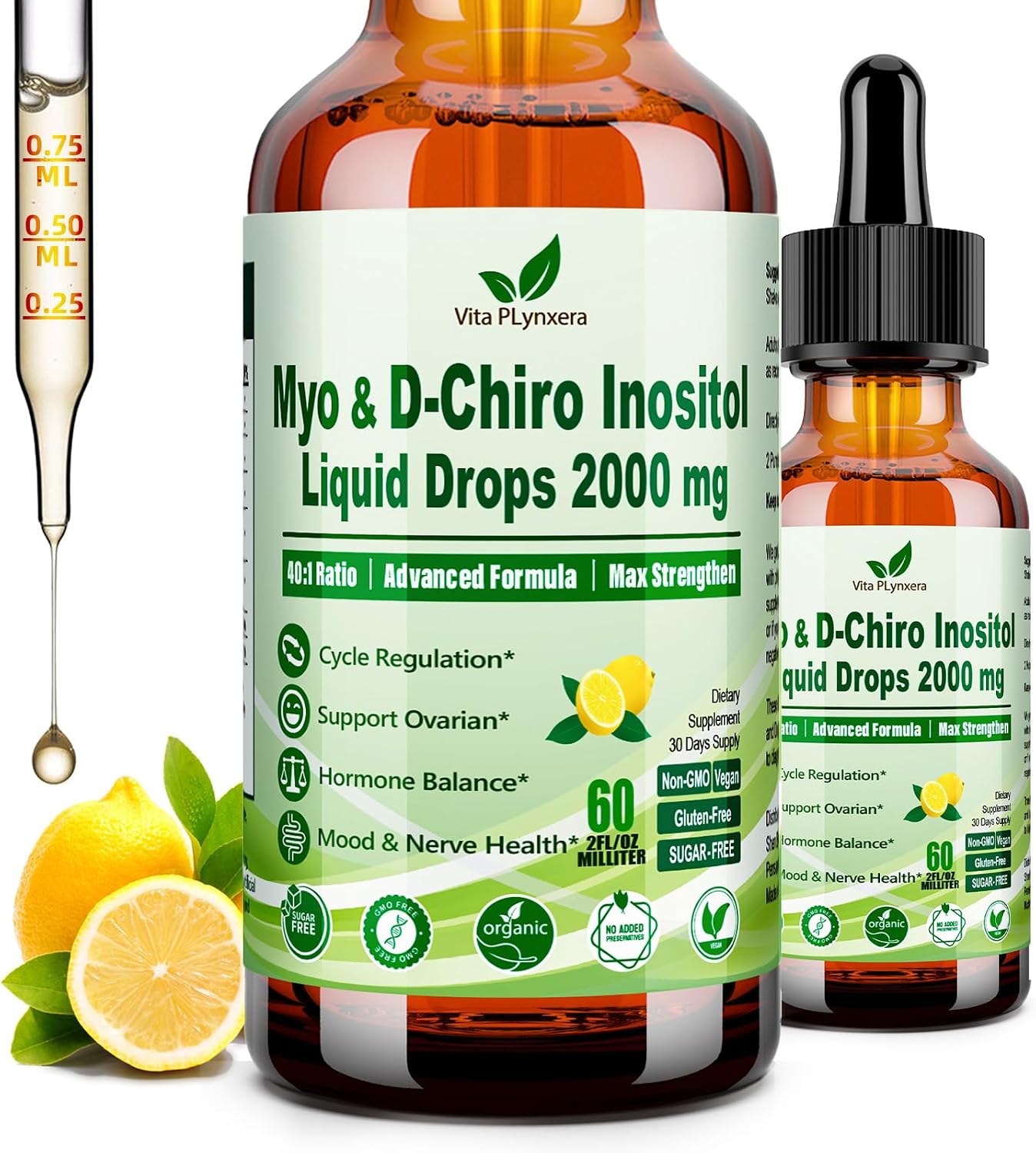 Myo & D-Chiro Inositol para Mujeres - Complejo 40:1 con Multivitaminas y Hierbas - Gotas Líquidas