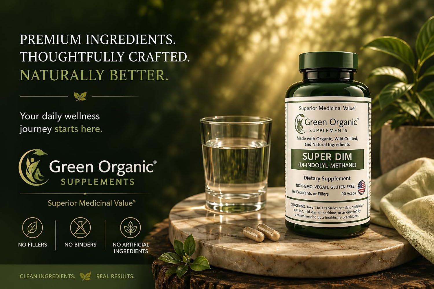 Green Organic Supplements DIM, Diindolylmethane, Indole-3-Carbinol, Brócoli, 90 Cápsulas Veganas, Alta Absorción, No-GMO, Sin Gluten
