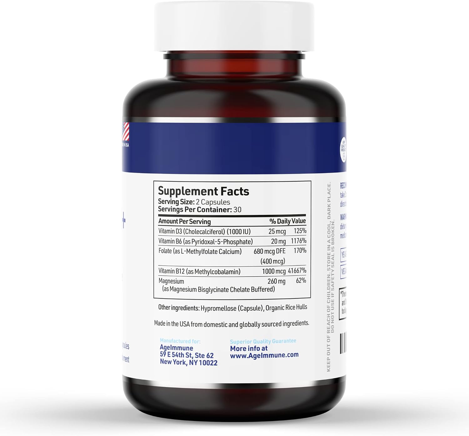 AgeImmune Complejo B con Vitamina D3, B12, B6, Magnesio Bisglicinato y Folato como Metilfolato - 60 Cápsulas - Sin Niacina