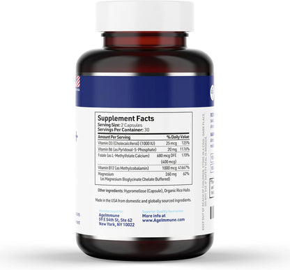 AgeImmune Complejo B con Vitamina D3, B12, – Vitamina B12 (metilcobalamina): 1000 mcg por cápsula. Forma – Image 2