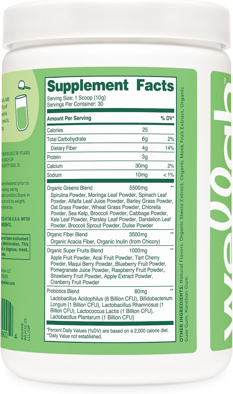 Wellah Leaf, Laugh, Love Super Greens Powder (Sin Sabor) 30 Porciones - Mezcla de Superalimentos