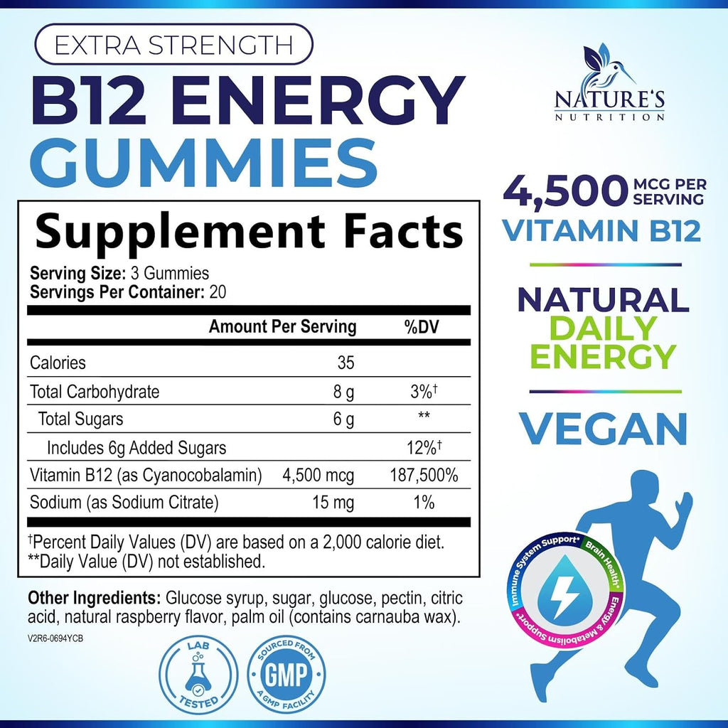 B12 Energy Gummies - 4500 mcg de Vitamina B12 por Dosis - Gominolas para Energía y Sistema Inmunológico - Sabor Natural a Bayas - 60 Gominolas