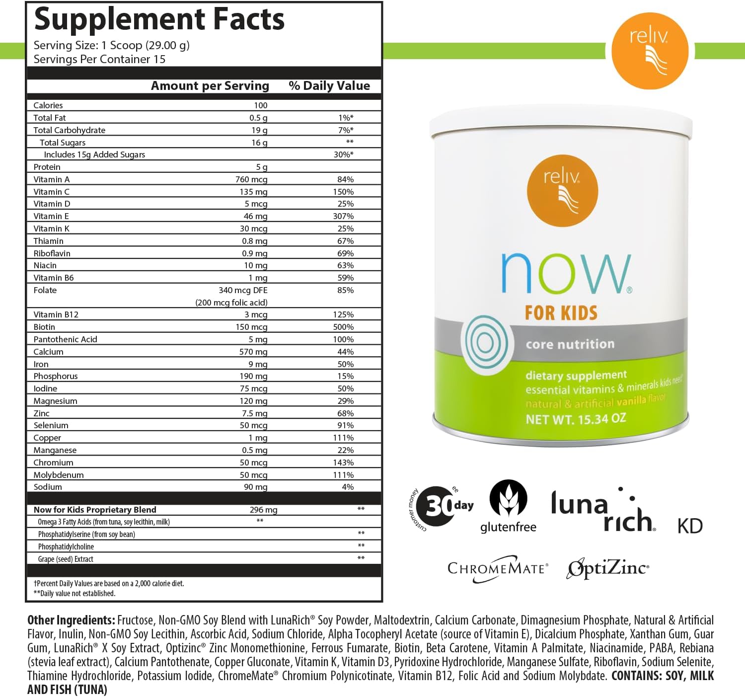 RELIV Now for Kids Vainilla - Batido Nutricional con Vitaminas y Minerales Esenciales, Proteína Vegetal y DHA, 15 porciones