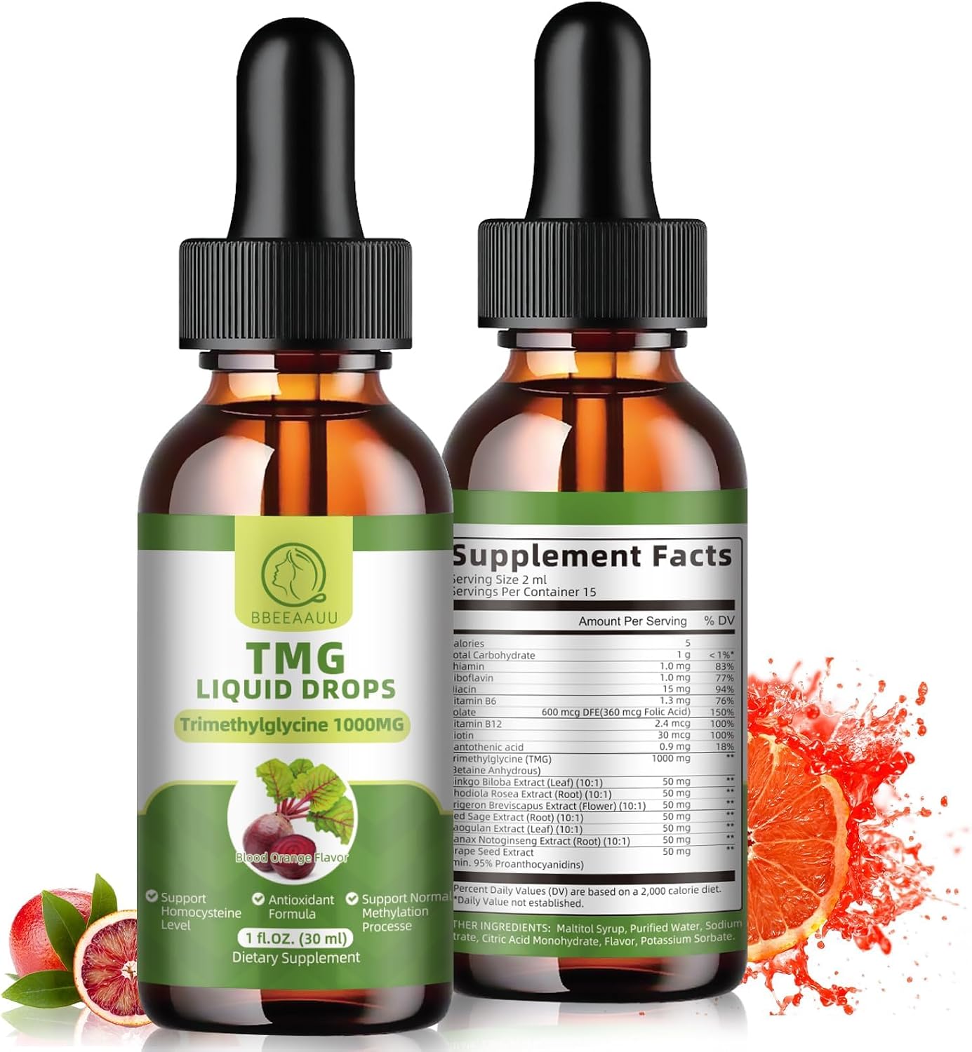 Gotas de TMG 1000 mg - Trimetilglicina Líquida, Apoyo a la Metilación, Vegano, Sabor Naranja Sangre, 2 Envases