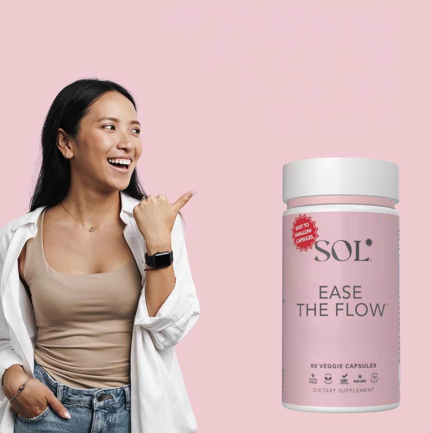 Ease the Flow de Sol Nutrition - Alivio del PMS y Síndrome Premenstrual, 60 Cápsulas con Vitaminas B6 y B8