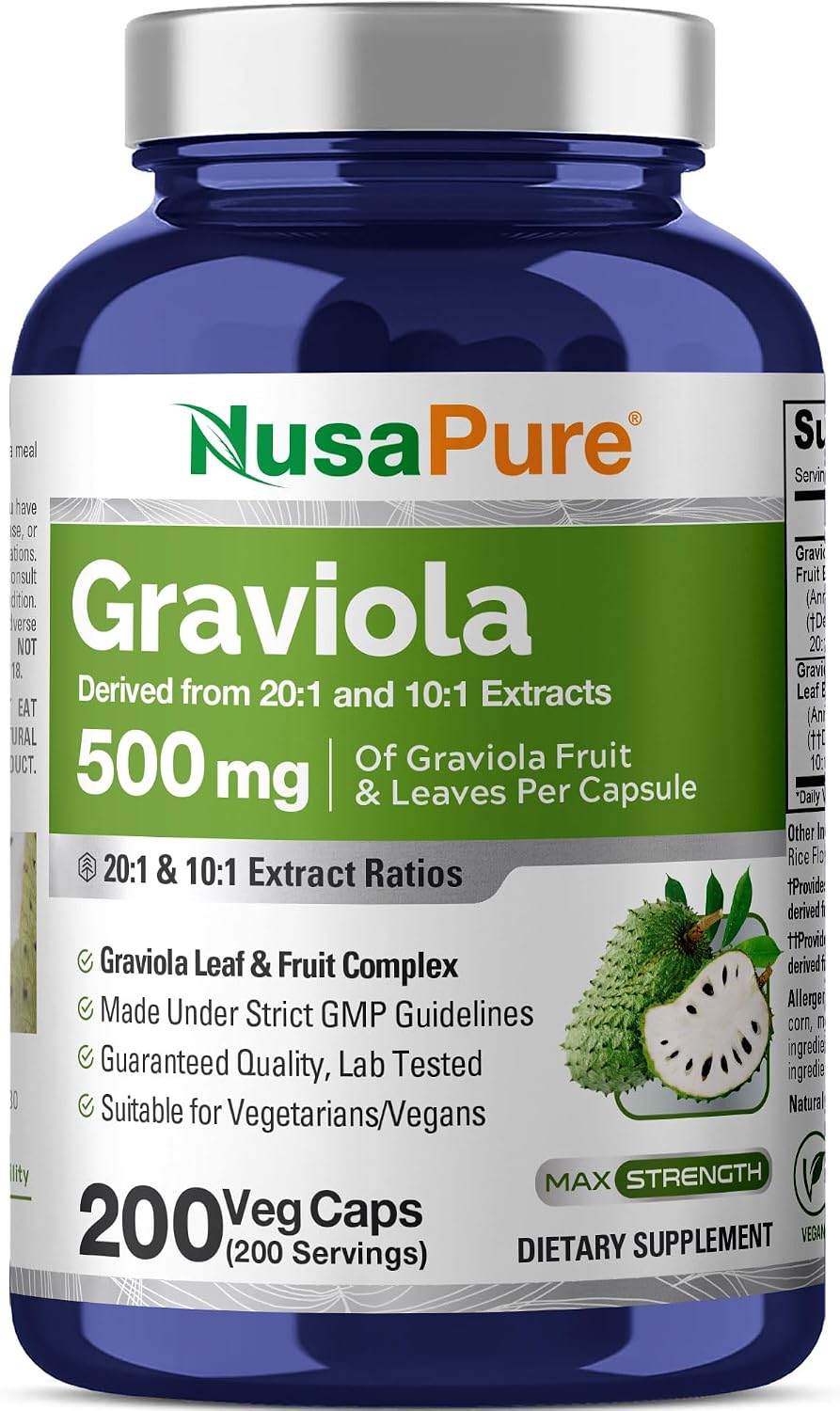 NusaPure Graviola Cápsulas, 500 mg, 200 Cápsulas Veganas (No Transgénicas, Vegano)