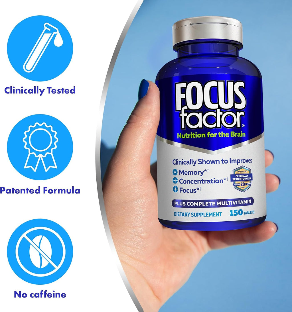Focus Factor Nutrition for The Brain - Suplemento para la Memoria y Concentración con Multivitamínico Completo, 150 Comprimidos (Pack de 3)