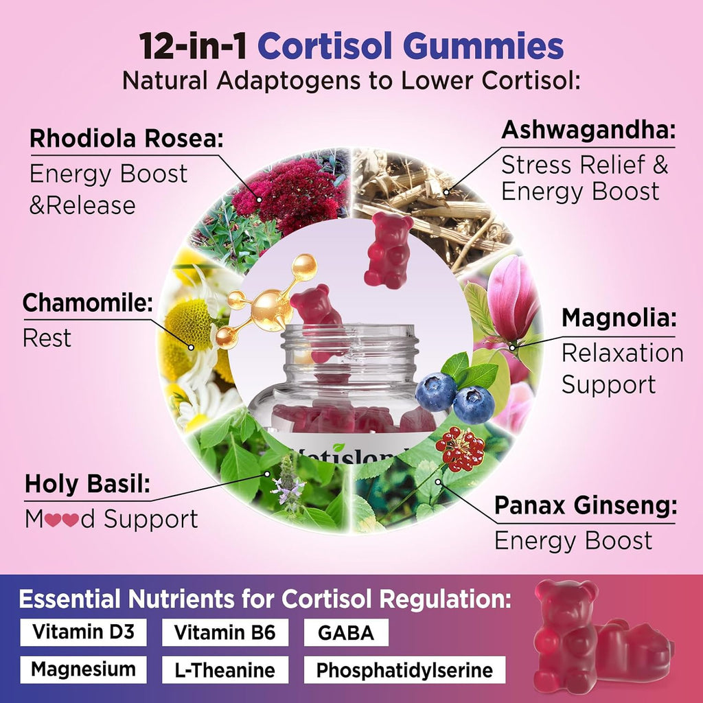NATISLAND Cortisol Gummies 12-en-1 – Reduce Cortisol con Magnesio, Ashwagandha, L-Teanina, Vitamina B6 y D3, Sin Azúcar, Vegano, 60 Gomitas