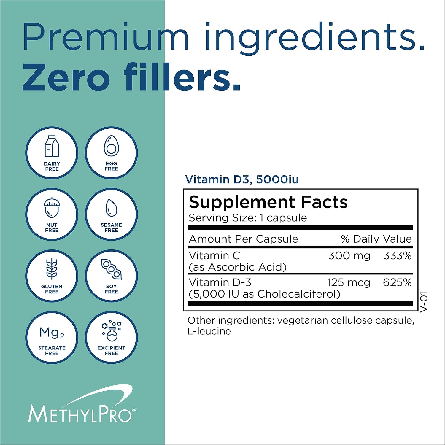 MethylPro Vitamina D3 5,000 UI - 125 mcg - Apoya la fortaleza ósea, el equilibrio inmunológico y el bienestar del estado de ánimo - 90 cápsulas