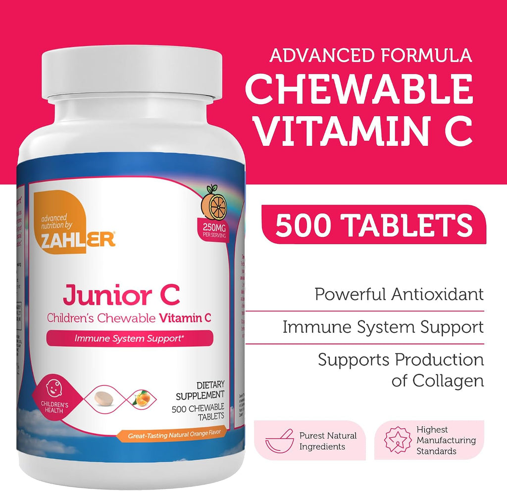 Zahler Junior C Advanced Vitamina C Masticable para Niños - Sabor Naranja - 500 Comprimidos