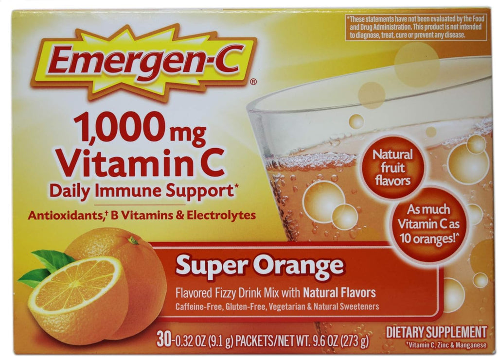 Emergen-C Vitamin C Flavored Fizzy Drink Mix Packets, Super Orange 30 ea ( Pack of 4)