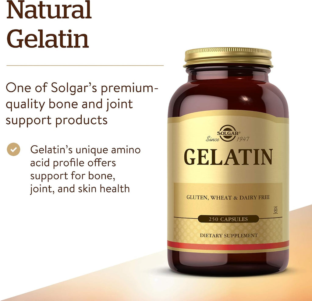Solgar Gelatina 1680 mg, 250 Cápsulas - Apoyo Natural para Huesos, Articulaciones y Piel